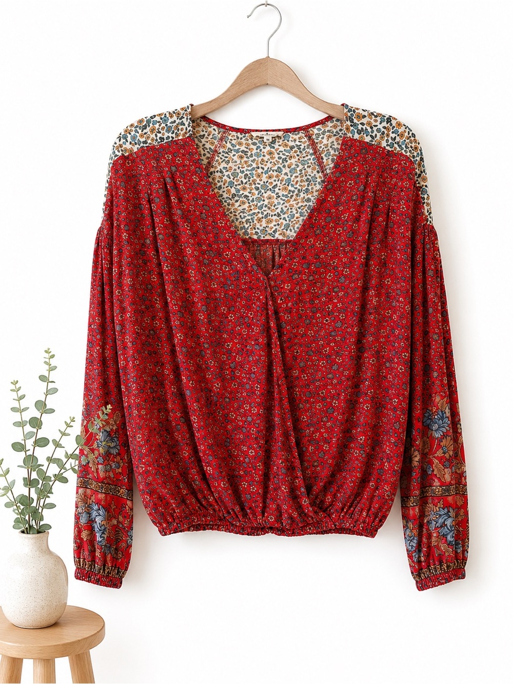 In loom Red Floral V-Neck Peasant Blouse